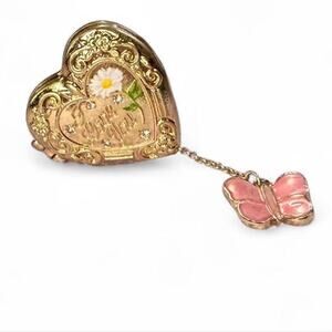 Betsey Johnson Gold Tone Heart Locket Stretchy Ring Butterfly Charm Coquette